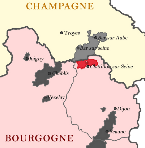 carte du vignoble chatillonnais entre Bourgogne et Champagne